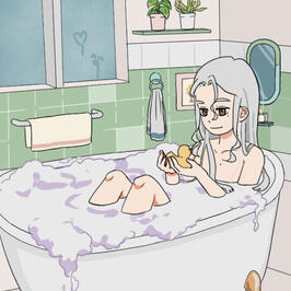 just a picrew that looks like me: fair skin, long straight red hair, laying in a bathtub and holding little plastic ducks with a silly smile. click the picture to go to its source.